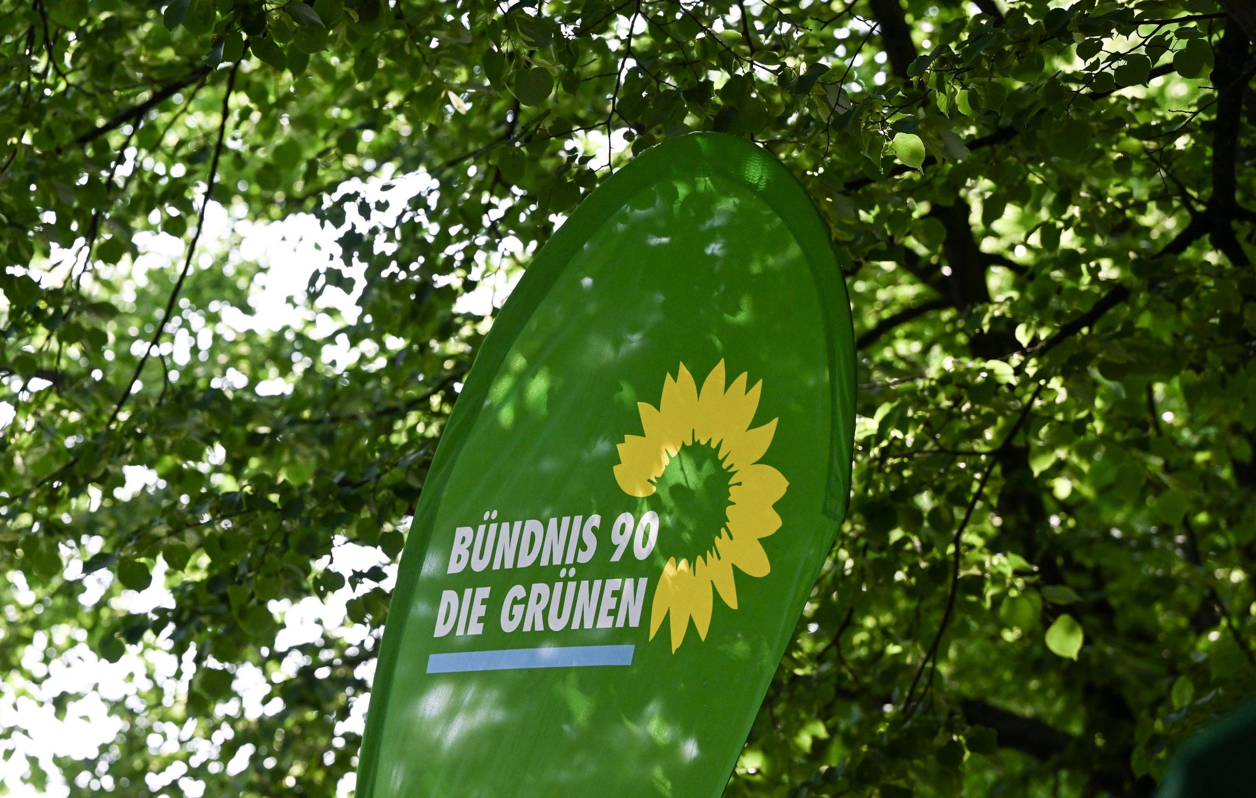 ARCHIV - 26.05.2023, Brandenburg, Potsdam: Das Logo von Bündnis 90/Die Grünen bei der Eröffnung eines Grünen-Büros. (zu dpa: «Grüne Jugend Rheinland-Pfalz stellt sich neu auf») Foto: Jens Kalaene/dpa +++ dpa-Bildfunk +++