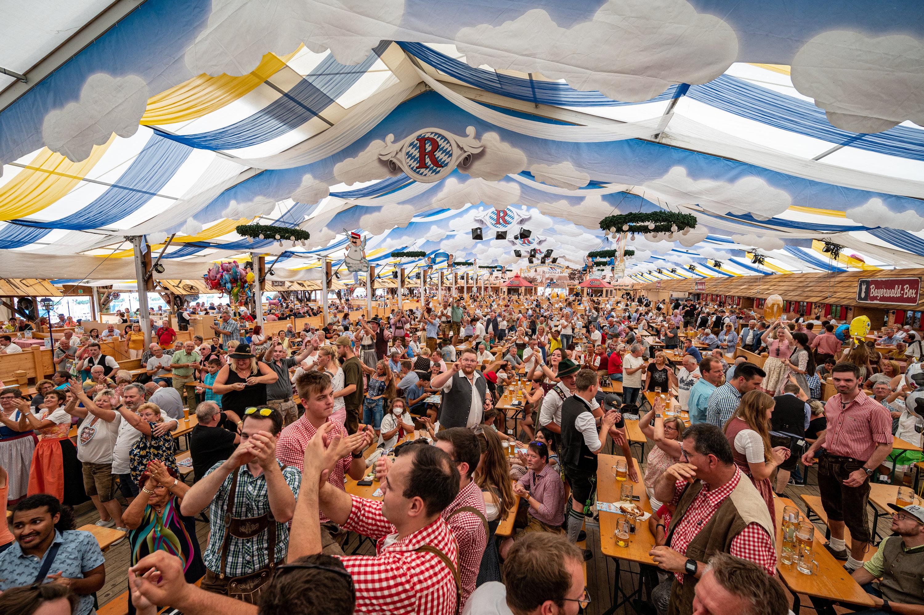 Feiernde Menschen in einem Bierzelt | Bild:dpa-Bildfunk/Armin Weigel
