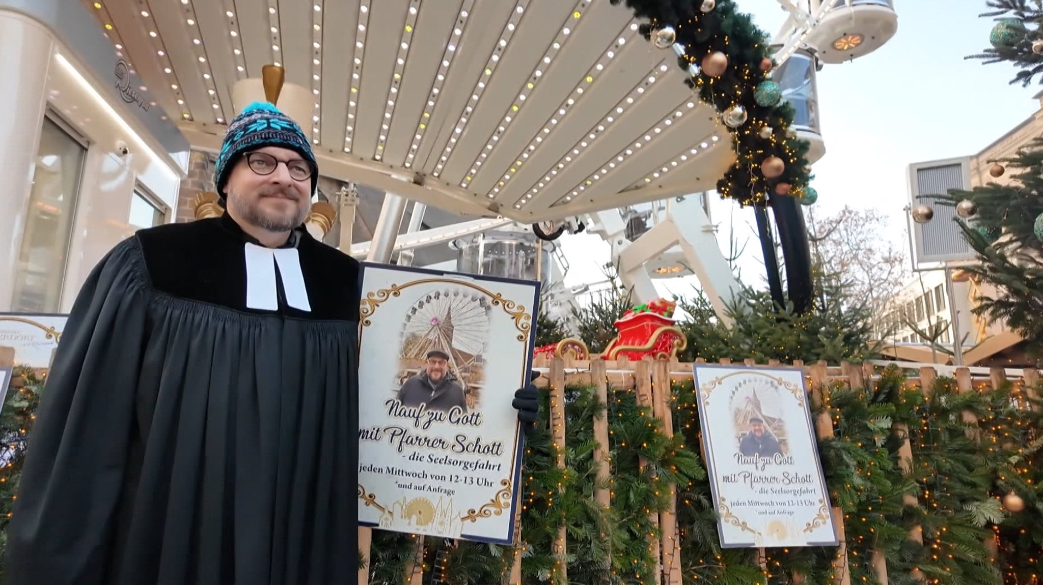 Wer sich derzeit etwas Ballast von der Seele reden möchte, kann dies auch auf dem Nürnberger Winterdorf tun. Genauer gesagt im Riesenrad. Pfarrer Hannes Schott bittet zum Zwiegespräch in die Gondel. 