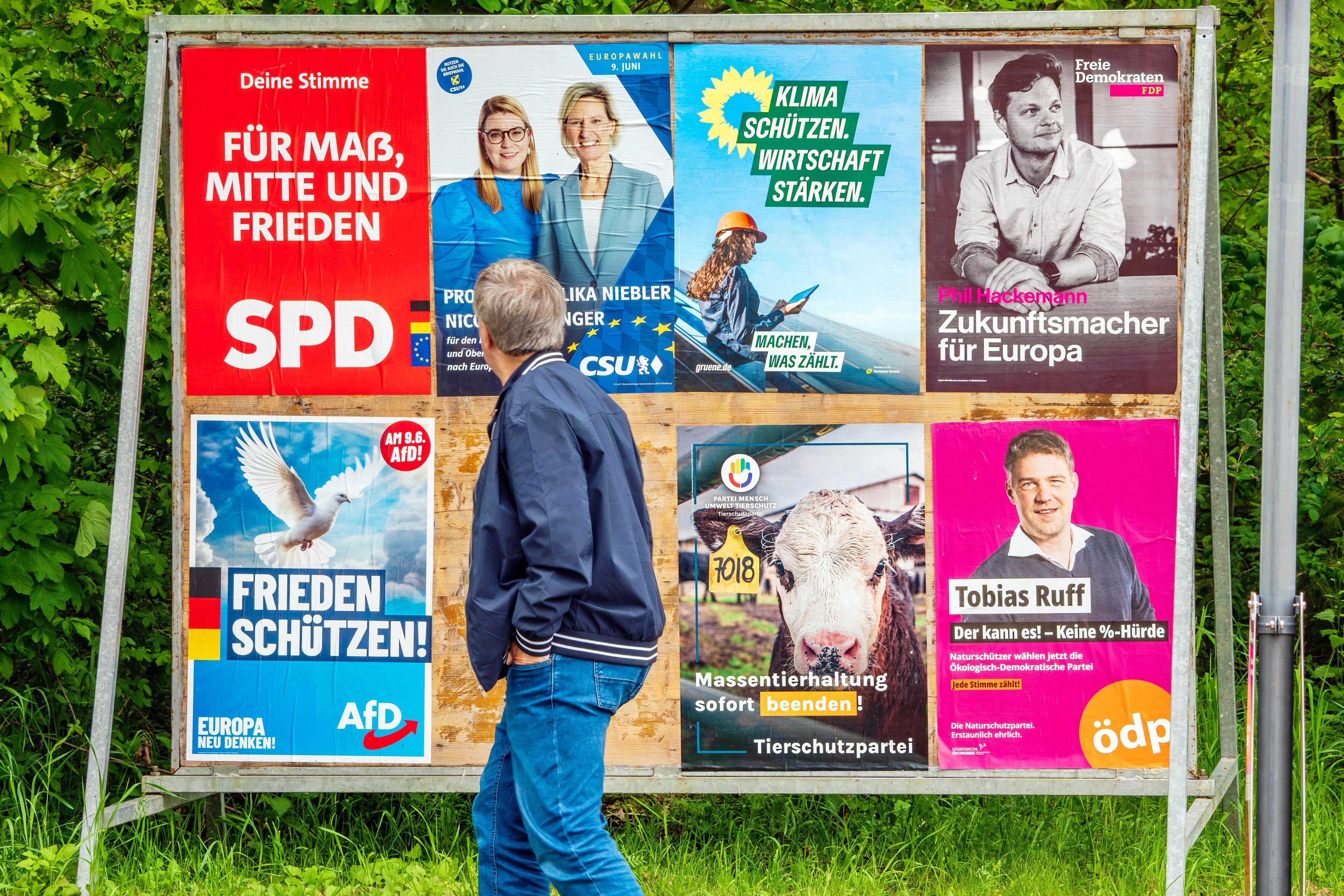 Mann steht vor Wahlplakaten in Bayern zur Europawahl.