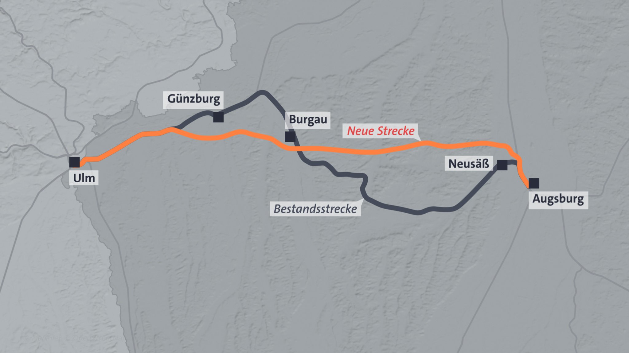 Bahntrasse Ulm - Augsburg: Bestandsstrecke und Neubaustrecke