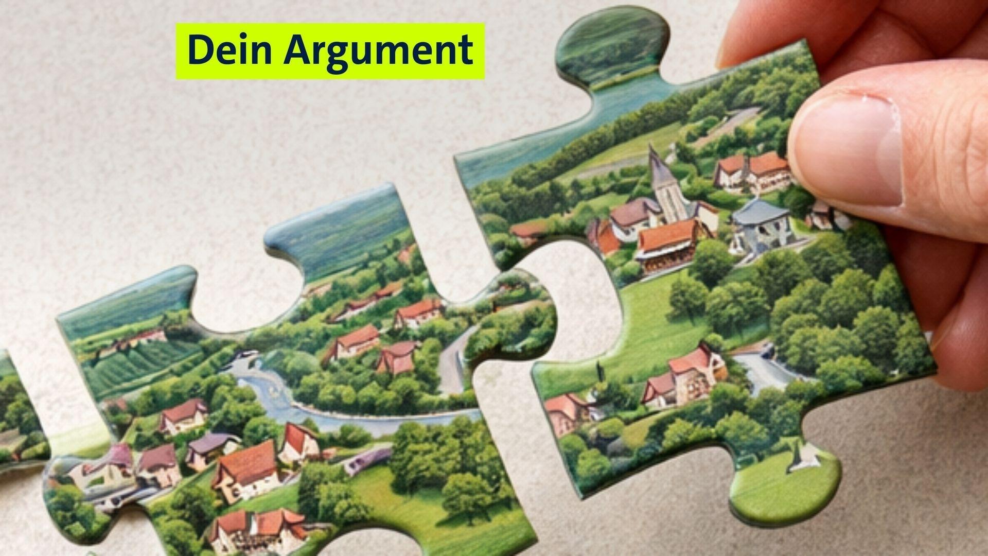 Puzzleteile mit fiktive Ortschaften werden zusammengebaut. (Symbolbild Gemeindefusion, KI-erzeugt)