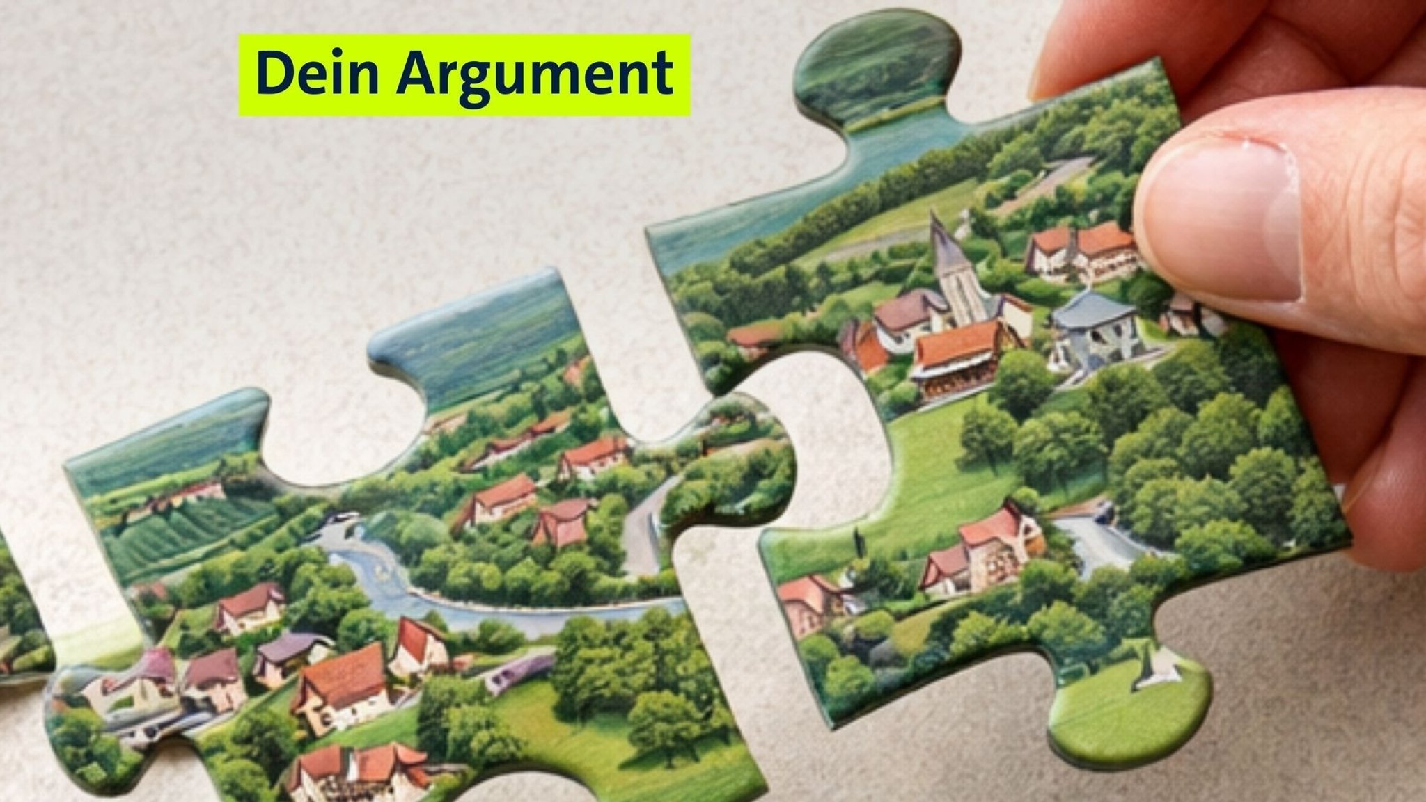 Puzzleteile mit fiktive Ortschaften werden zusammengebaut. (Symbolbild Gemeindefusion, KI-erzeugt)