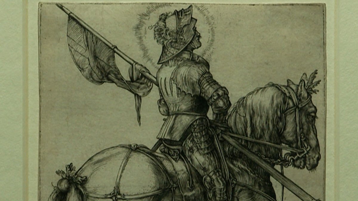 Ausschnitt aus einem Renaissance-Gemälde: Ein Ritter auf einem Pferd.