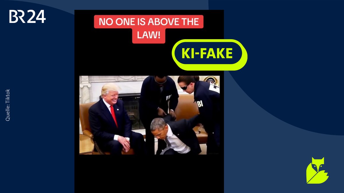 Screenshot eines KI-Videos, in dem Obama vermeintlich im Oval Office festgenommen wird, während ein KI-generierter Trump daneben auf einem Sessel sitzt und lacht. Darüber steht in Großbuchstaben "No one is above the Law!".