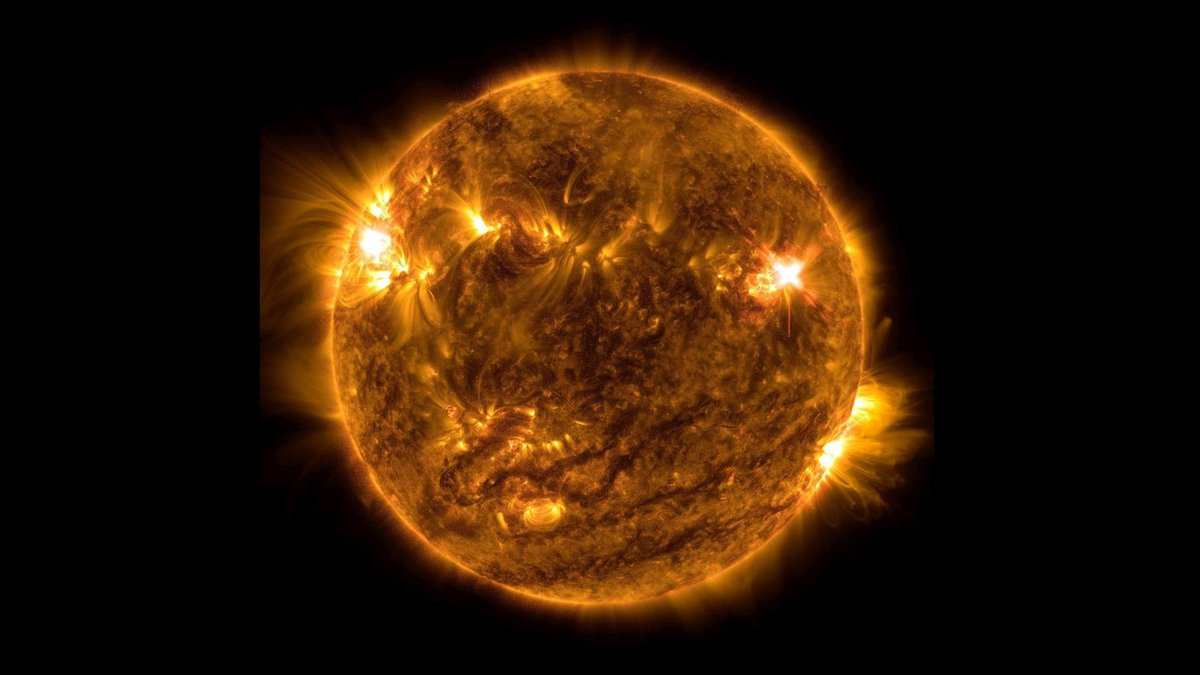 Aufnahme der Sonnenoberfläche mit mehreren Sonneneruptionen, aufgenommen vom Solar Dynamics Observatory (SDO) der NASA im Jahr 2022
