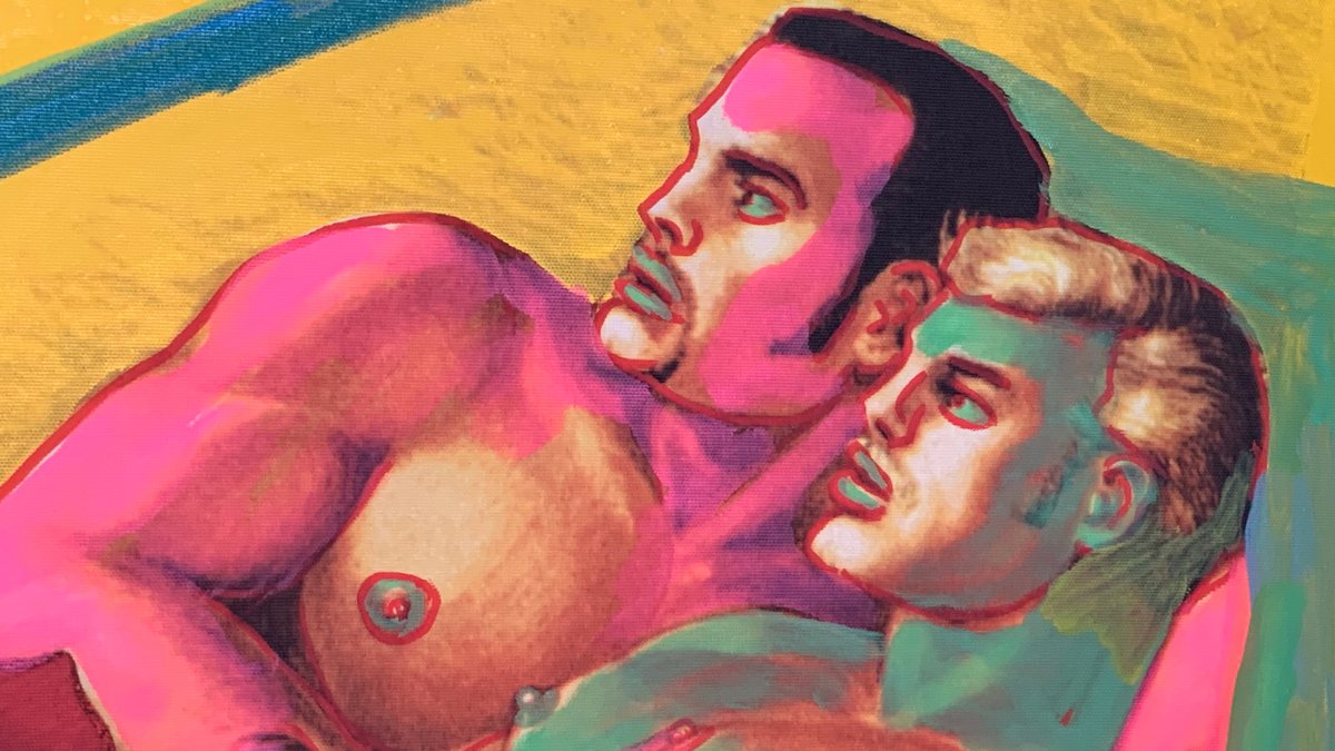 Bildausschnitt eines Gemäldes: Zwei nackte Männer halten sich im Arm.