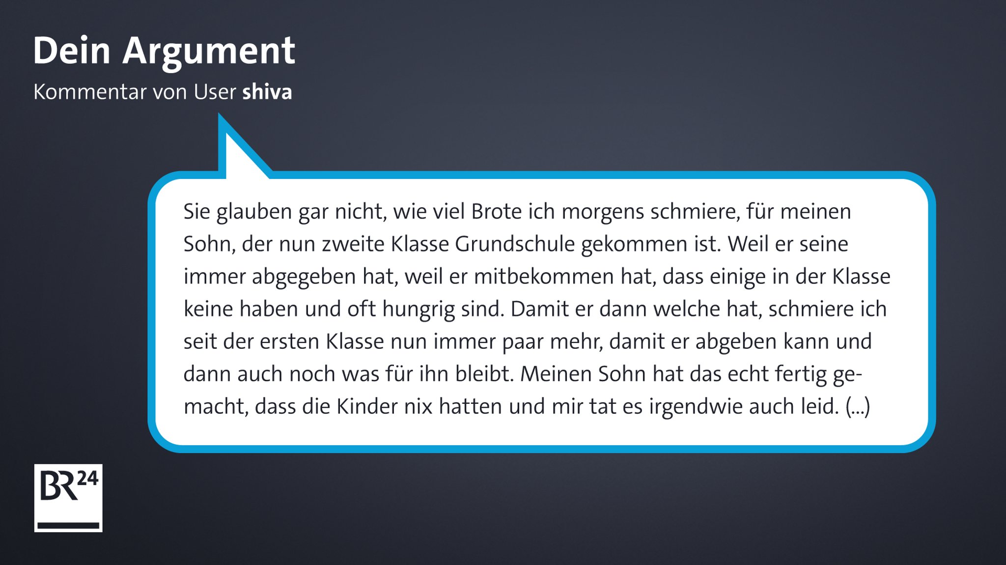 Ein User-Kommentar zu Kinderarmut an Schulen, der eine Situation schildert, in der ein Junge seine Pausenbrote an andere abgegeben hat.