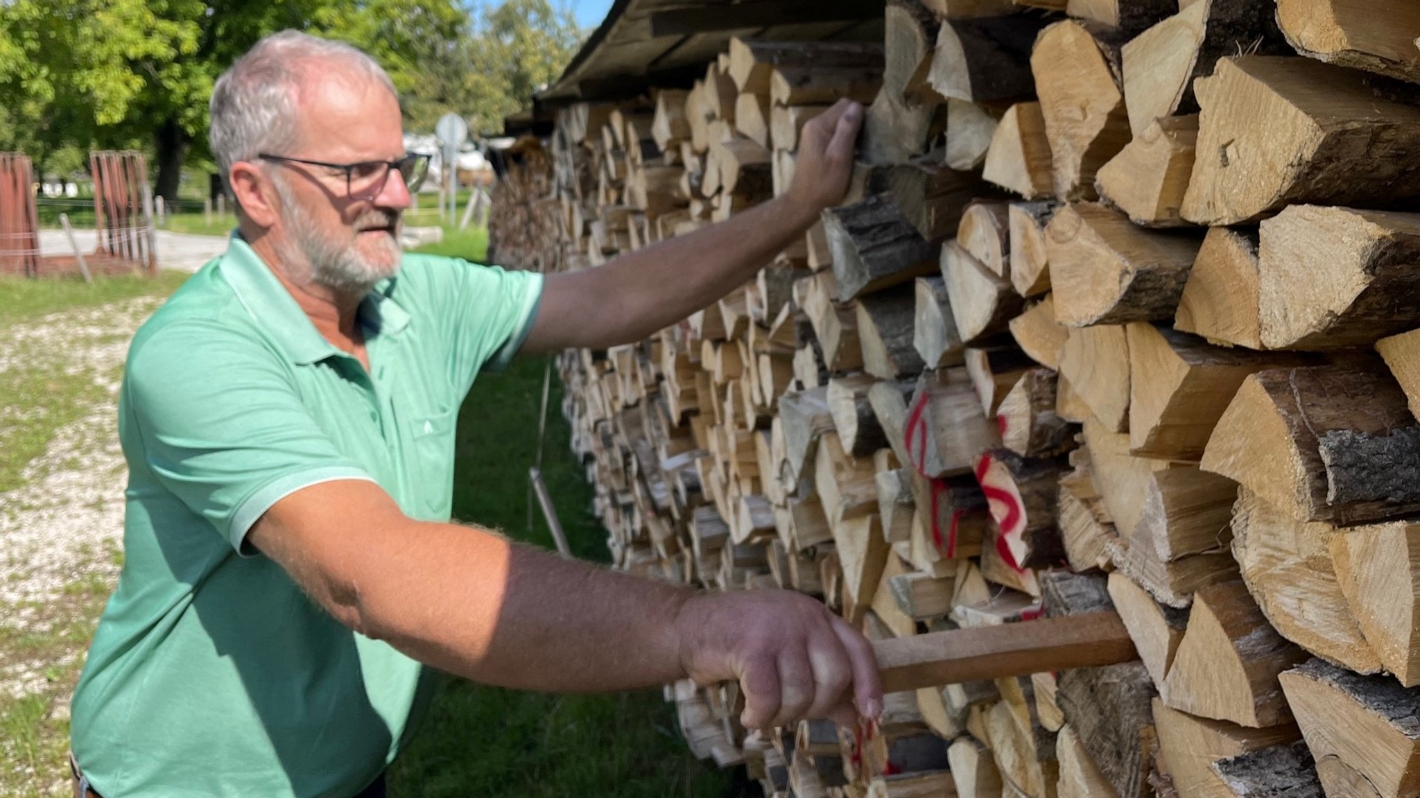 Georg Höhensteiger vor Brennholz-Stapel