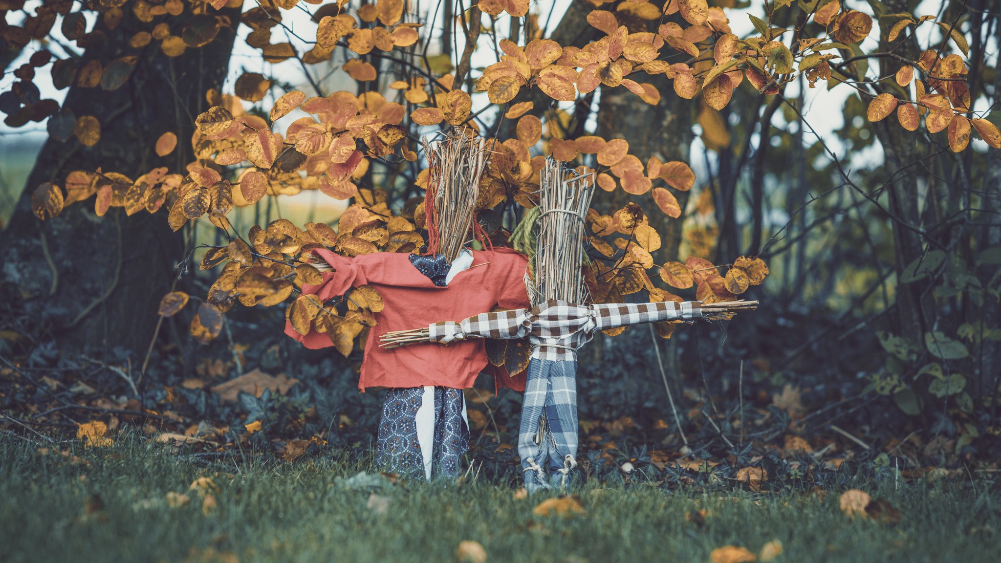 Zwei Strohpuppen stehen vor einem Baum.