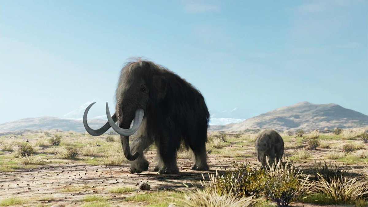 Animation von Mammutmutter und Mammutjunges in Steppe