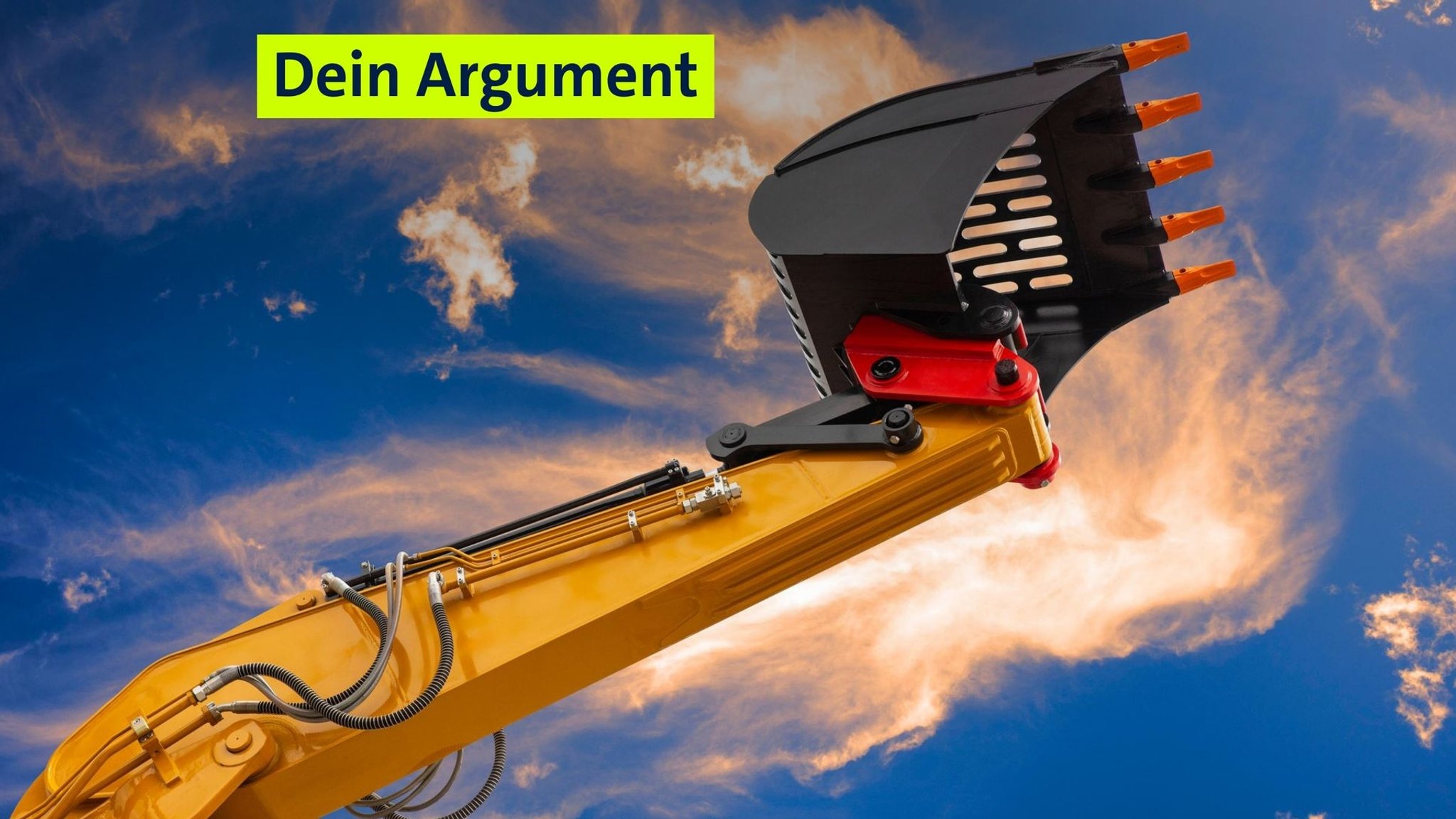 Eine Baggerschaufel. Im Hintergrund ist der Himmel zu sehen. (Fotomontage)