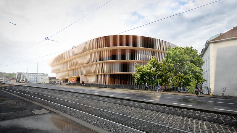 Außenansicht eines Modells der neuen Multifunktionsarena in Würzburg. | Bild: Brückner & Brückner Architekten Außenansicht eines Modells der neuen Multifunktionsarena in Würzburg.