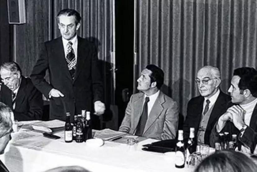 Vorstandssitzung des BUND im Gründungsjahr 1975, v.l.: Bodo Manstein, Herbert Gruhl, Hubert Weinzierl, Bernhard Grzimek und Helmut Steininger.