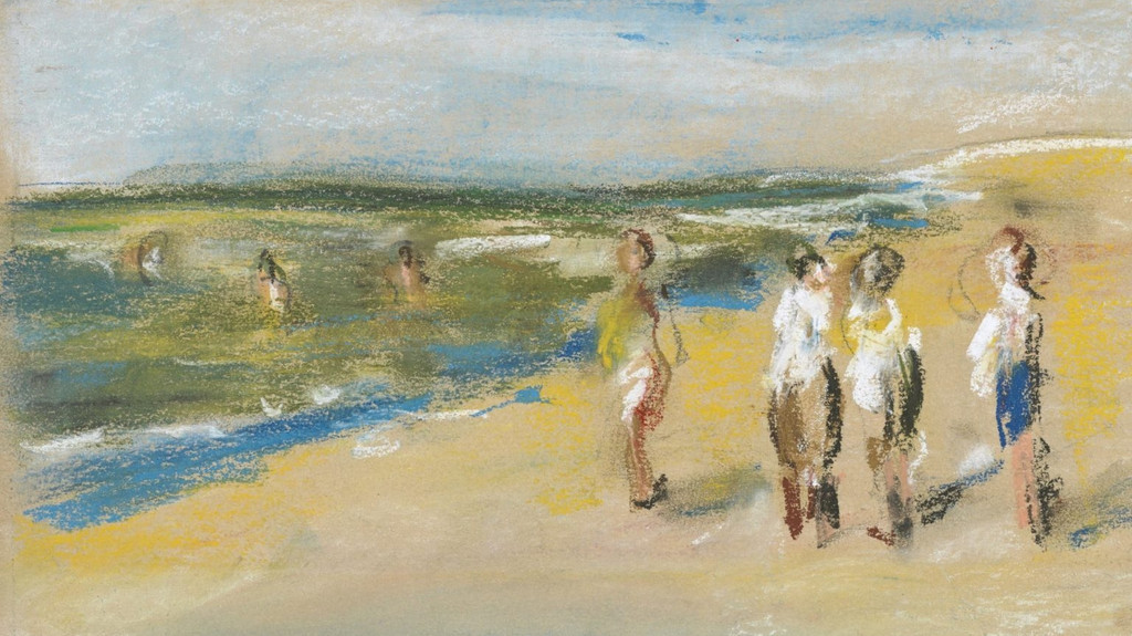 Hier treten die Sommerfrischler schon etwas weniger flüchtig auf: "Badende am Strand" von 1910