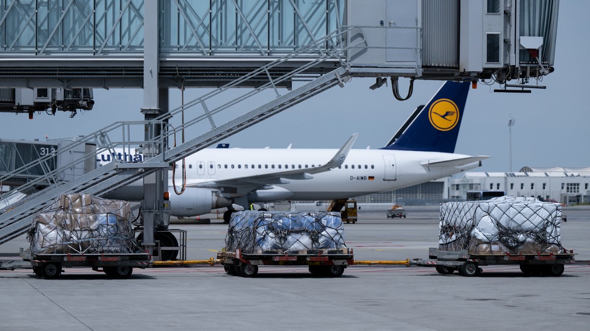 Gepäckwagen stehen am Flughafen München auf dem Vorfeld. 