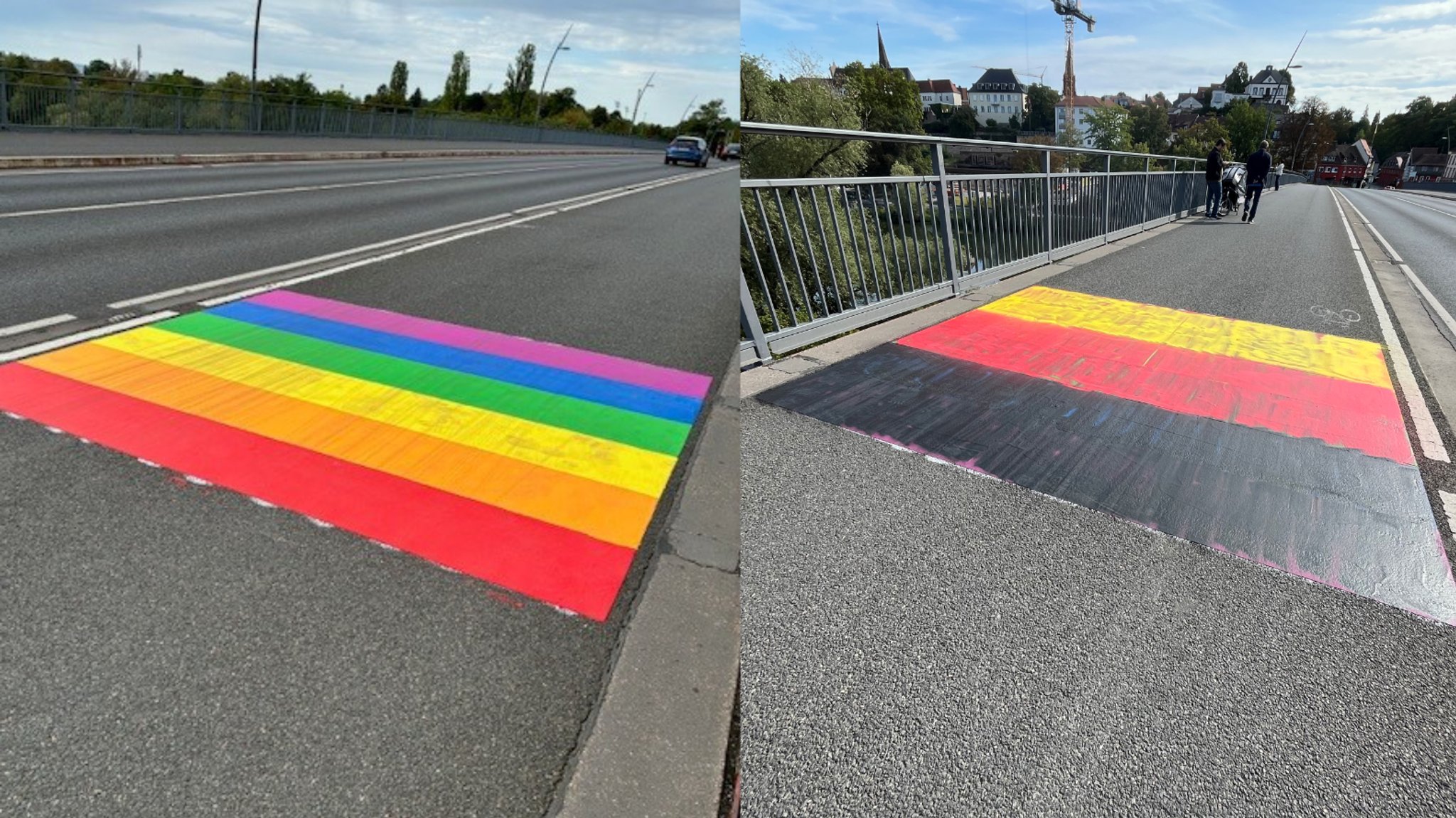 Die frisch aufgemalten Regenbögen auf der Willigisbrücke in Aschaffenburg wurden mit Deutschlandflaggen übersprüht. | Bild: Stadt Aschaffenburg, BR/Barbara Ecke Die frisch aufgemalten Regenbögen auf der Willigisbrücke in Aschaffenburg wurden mit Deutschlandflaggen übersprüht.