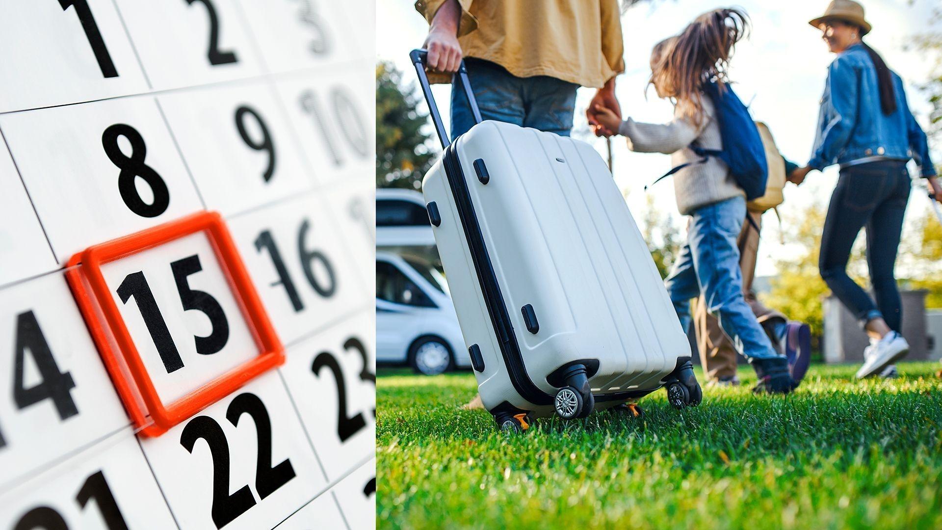 Ein zweigeteiltes Bild: In der linken Hälfte eine Kalenderansicht mit einer rot umrandeten 15, in der rechten Hälfte eine Familie, die einen Koffertrolli hinter sich her zieht.