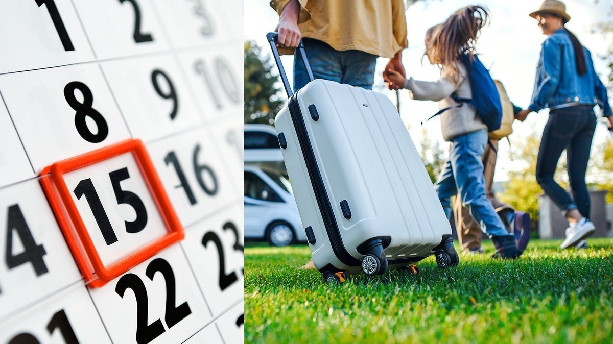 Ein zweigeteiltes Bild: In der linken Hälfte eine Kalenderansicht mit einer rot umrandeten 15, in der rechten Hälfte eine Familie, die einen Koffertrolli hinter sich her zieht. | Bild: colourbox.com/3187/232319 Ein zweigeteiltes Bild: In der linken Hälfte eine Kalenderansicht mit einer rot umrandeten 15, in der rechten Hälfte eine Familie, die einen Koffertrolli hinter sich her zieht.