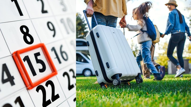 Ein zweigeteiltes Bild: In der linken Hälfte eine Kalenderansicht mit einer rot umrandeten 15, in der rechten Hälfte eine Familie, die einen Koffertrolli hinter sich her zieht. | Bild: colourbox.com/3187/232319 Ein zweigeteiltes Bild: In der linken Hälfte eine Kalenderansicht mit einer rot umrandeten 15, in der rechten Hälfte eine Familie, die einen Koffertrolli hinter sich her zieht.