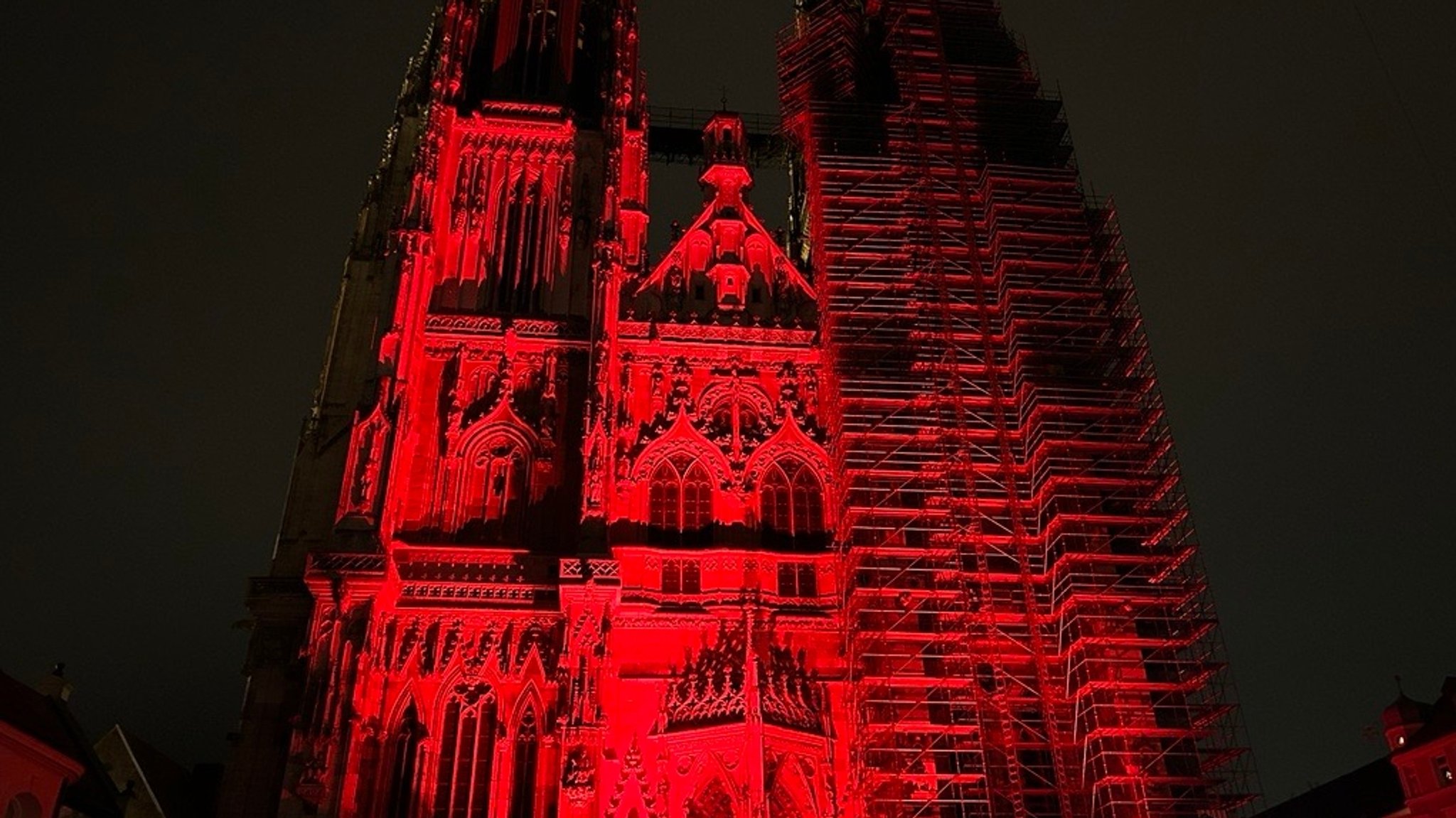 Der rot angestrahlte Dom In Regensburg