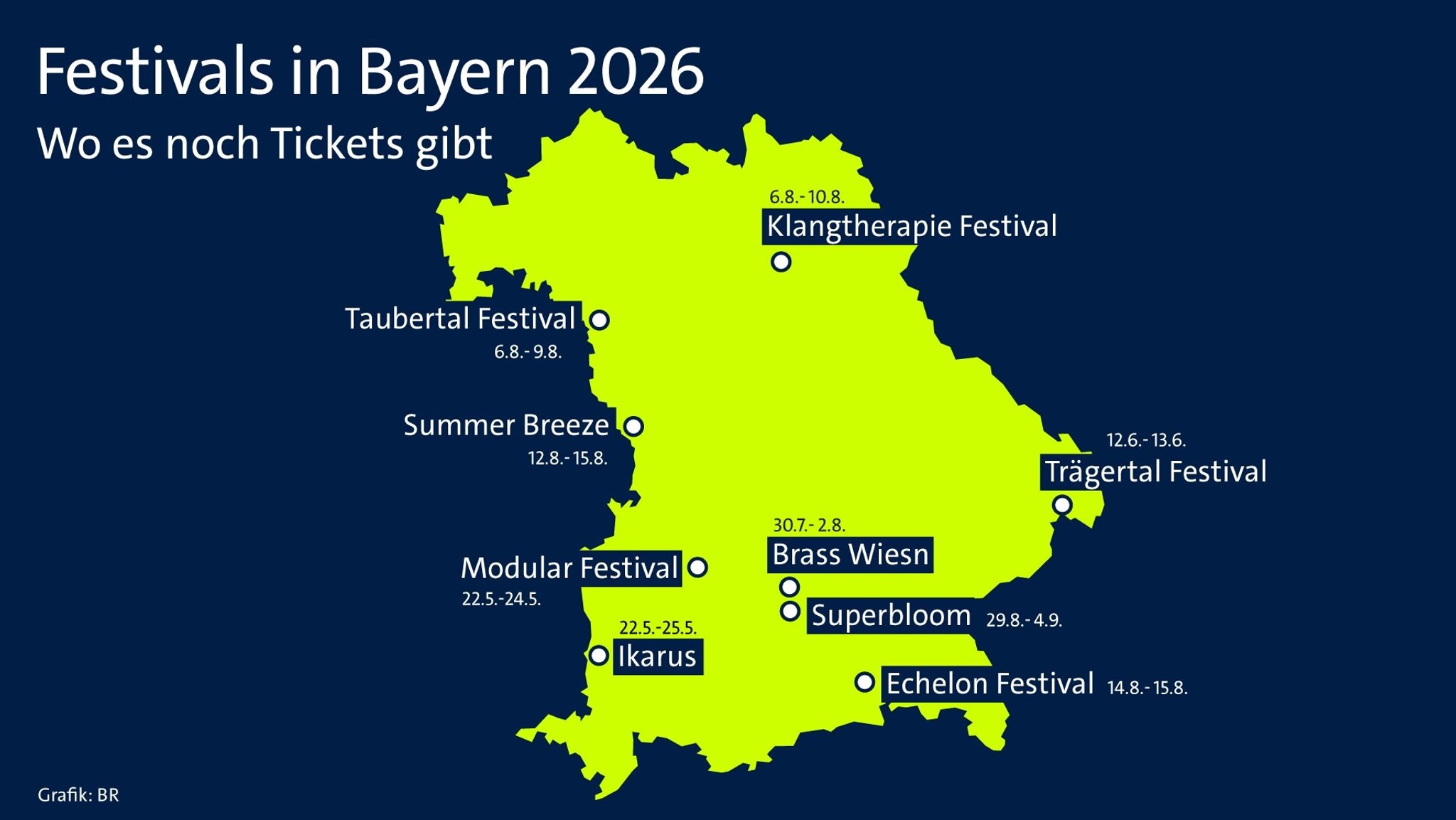 Eine Bayernkarte, auf der eine Auswahl an Festivals in Bayern gekennzeichnet sind, für die es noch Tickets gibt. | Bild: BR Eine Bayernkarte, auf der eine Auswahl an Festivals in Bayern gekennzeichnet sind, für die es noch Tickets gibt.