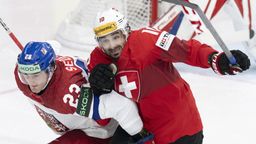 Eishockey: WM, Schweiz - Tschechien, Finale: Der Schweizer Andres Ambühl (r) in Aktion gegen Lukas Sedlak aus Tschechien.   | Bild:dpa-Bildfunk/Peter Schneider
