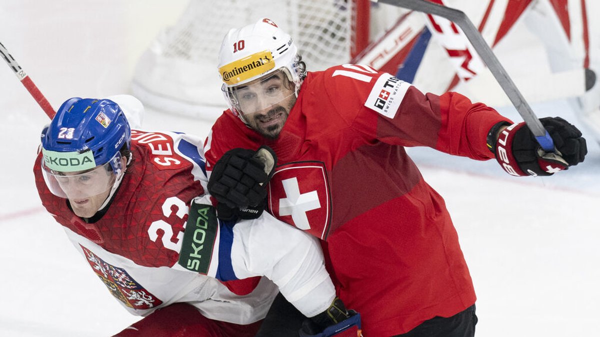 Eishockey: WM, Schweiz - Tschechien, Finale: Der Schweizer Andres Ambühl (r) in Aktion gegen Lukas Sedlak aus Tschechien.  