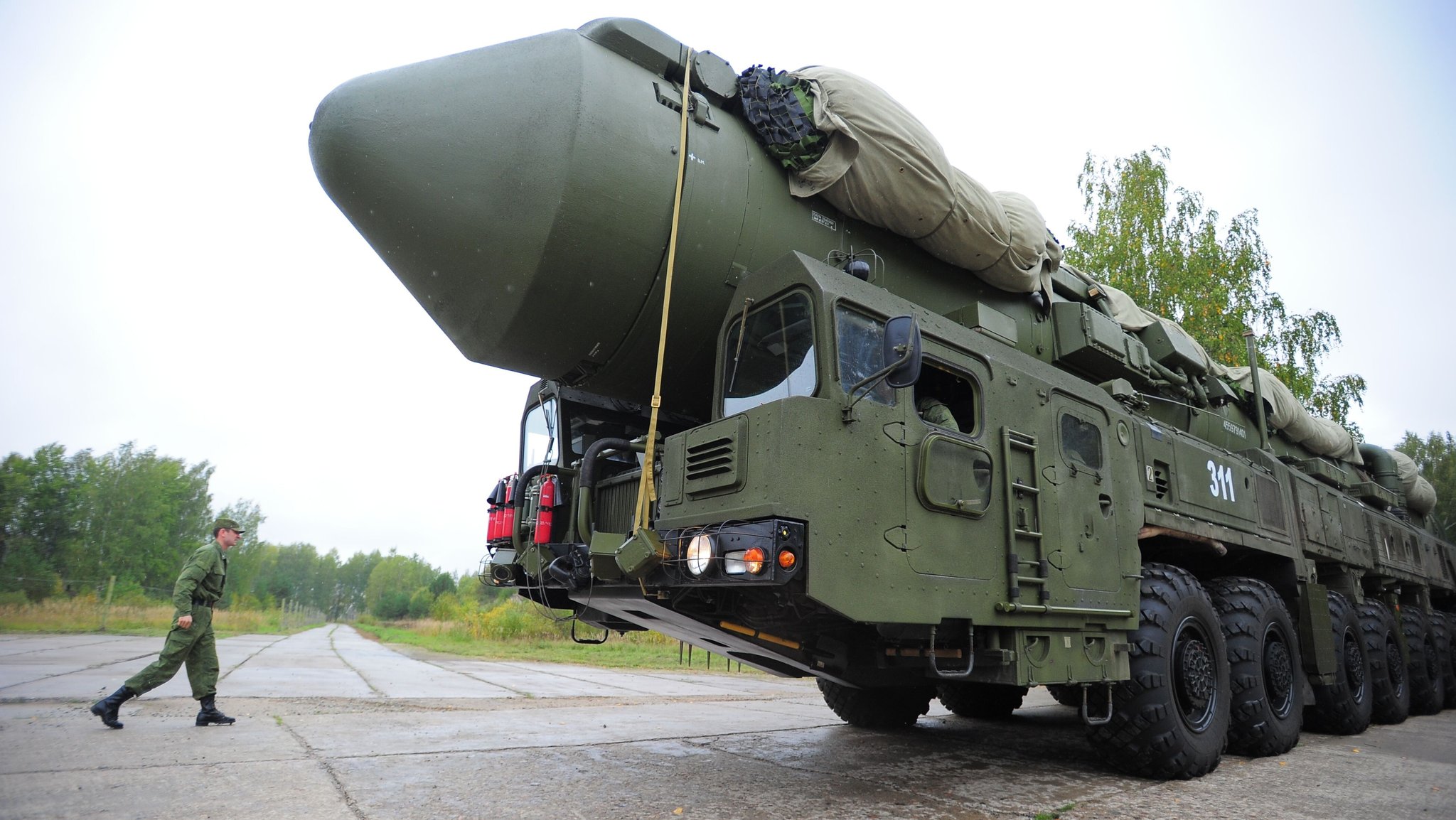 IVANOVO REGION, RUSSIA. SEPTEMBER 22. 2011. Mobile ground-based system RS-24 Yars, a Russian MIRV (a multiple independently targetable reentry vehicle warhead)-equipped intercontinental ballistic missile, at the Teikovo missile force in the Ivanovo region.