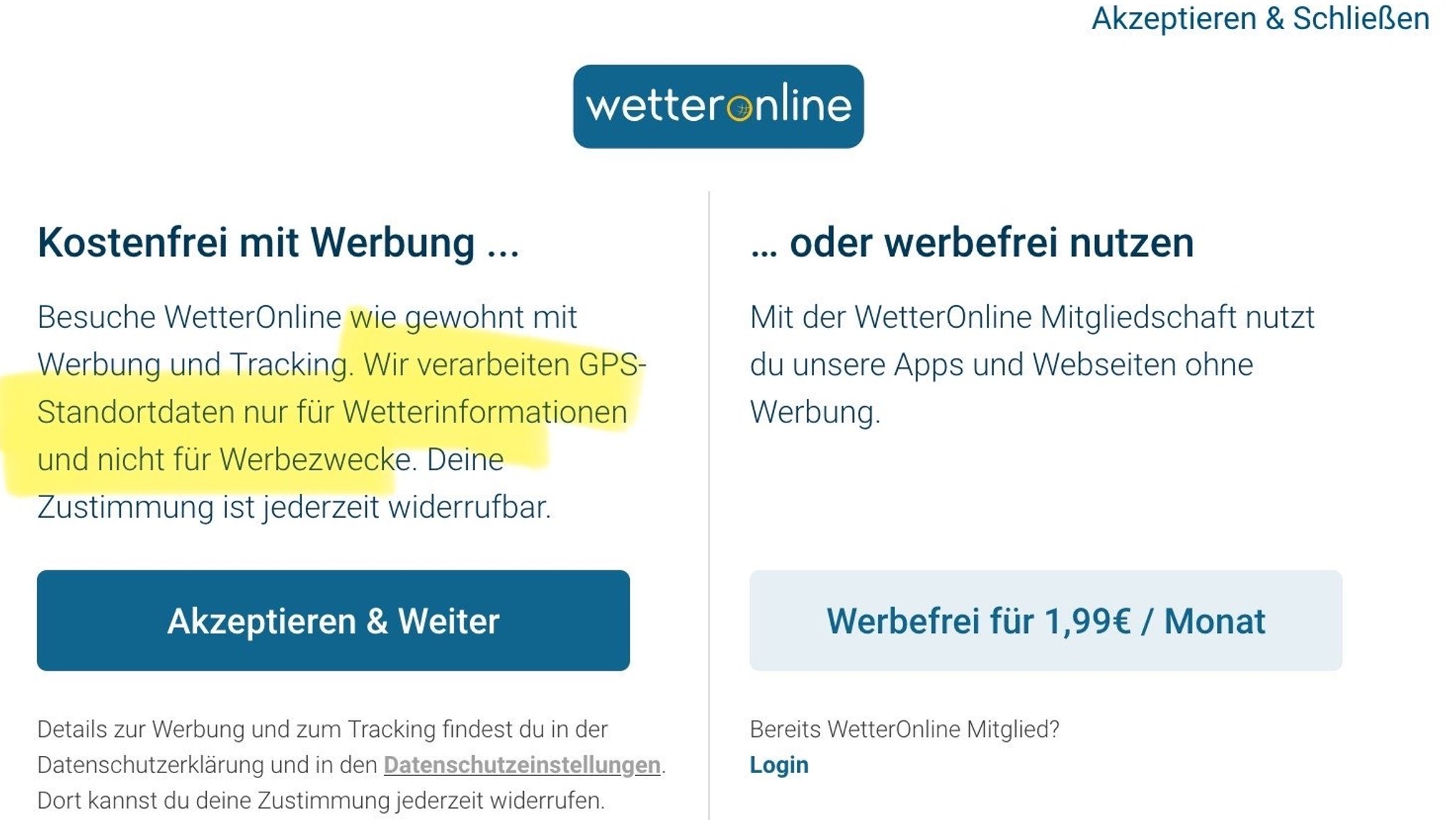 "Wir verarbeiten GPS-Standortdaten (...) nicht für Werbezwecke." Diesen Satz hat Wetter Online in die Einwilligung hinzugefügt. 