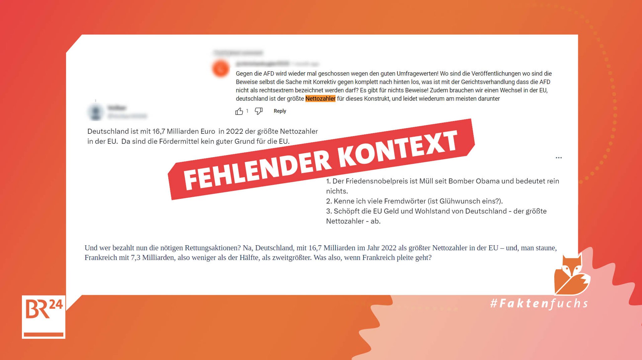 Screenshots mit Aussagen wie "Deutschland ist größer Nettozahler in der EU" darüber der Stempel "Fehlender Kontext".