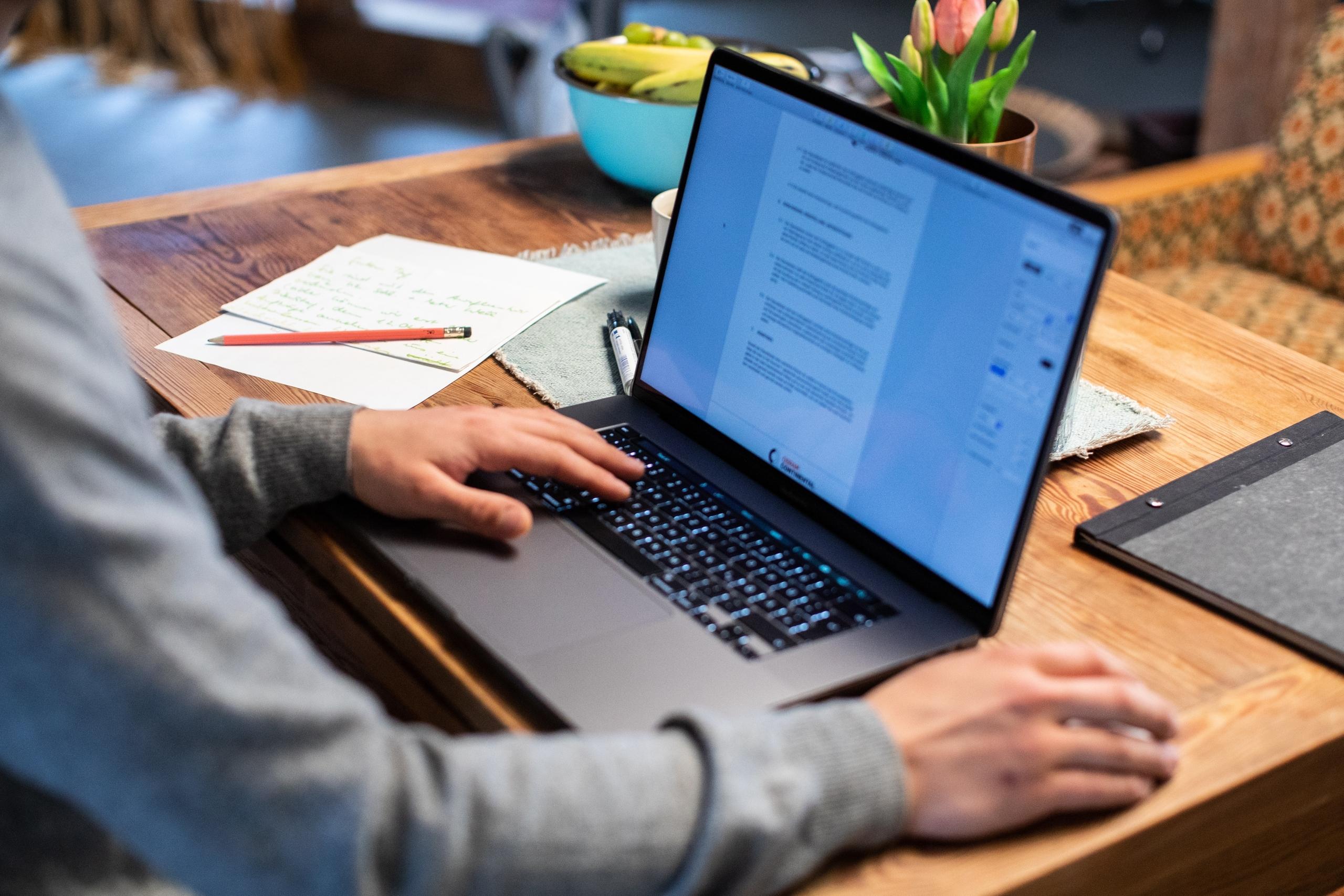 Eine Person sitzt zu Hause am Laptop.