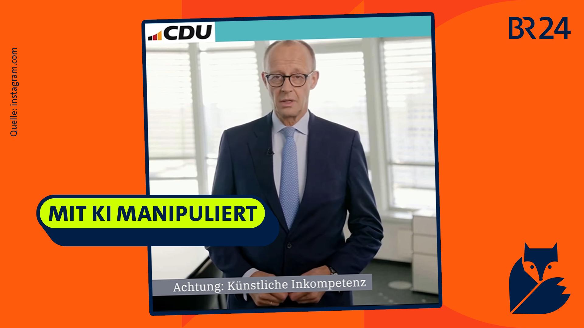 Auf dem Bild zu sehen ist ein Screenshot eines Deepfakes von Friedrich Merz, oben links im Bild ist das Logo der CDU, unten steht auf einem Banner "Achtung: Künstliche Inkompetenz".