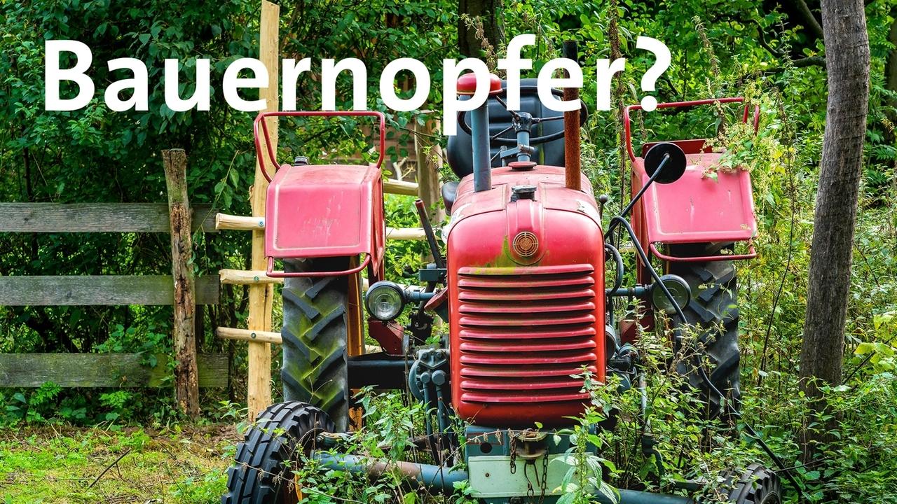 Ein Traktor in einer Wiese mit dem Text: Bauernopfer? | Bild: BR Ein Traktor in einer Wiese mit dem Text: Bauernopfer?