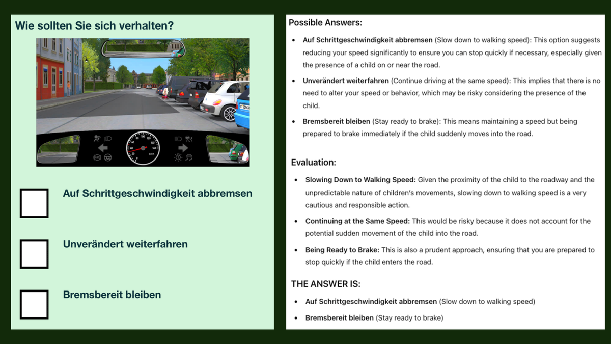 Links die Aufgabe, rechts die Antwort: ChatGPT beim Führerscheintest