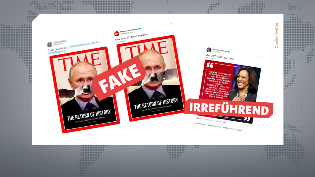 Das angebliche Cover eines Time-Magazins und eine Zitattafel mit US-Vizepräsidentin Harris, beides geteilt auf Twitter