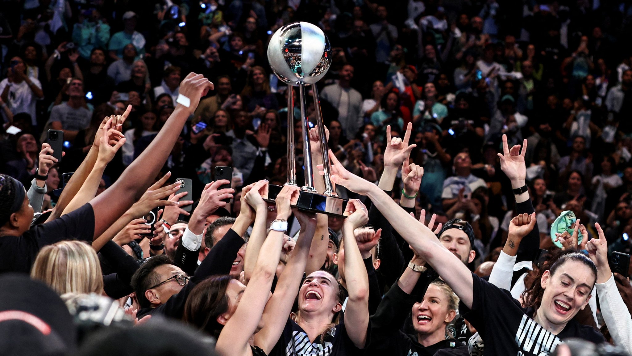 Brooklyn, New York, USA; The New York Liberty celebrate after winning the 2024 WNBA Finals at Barclays Center. 