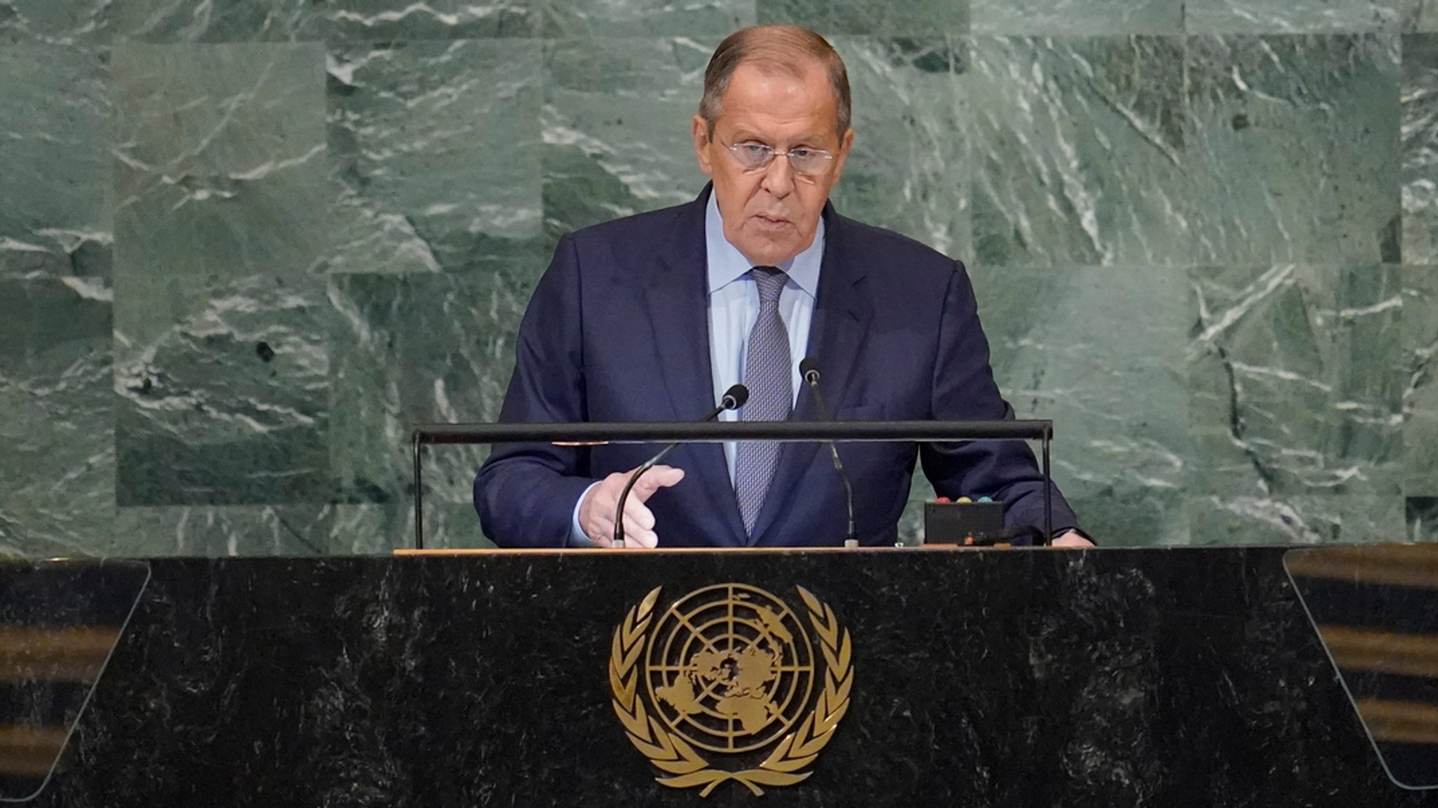 Sergej Lawrow, Außenminister von Russland, spricht auf der 77. Sitzung der Generalversammlung der Vereinten Nationen im UN-Hauptquartier.