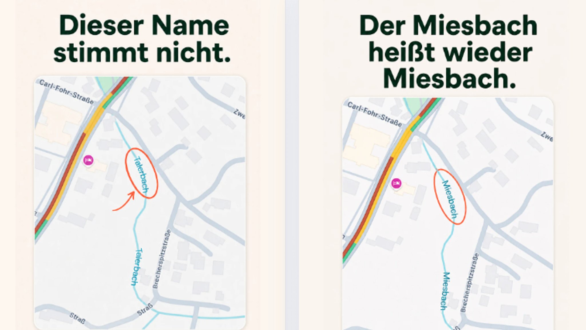 Zwei Karten aus dem Internet. Links heißt der Miesbach plötzlich Talerbach. | Bild: Bernhard Hering Zwei Karten aus dem Internet. Links heißt der Miesbach plötzlich Talerbach.