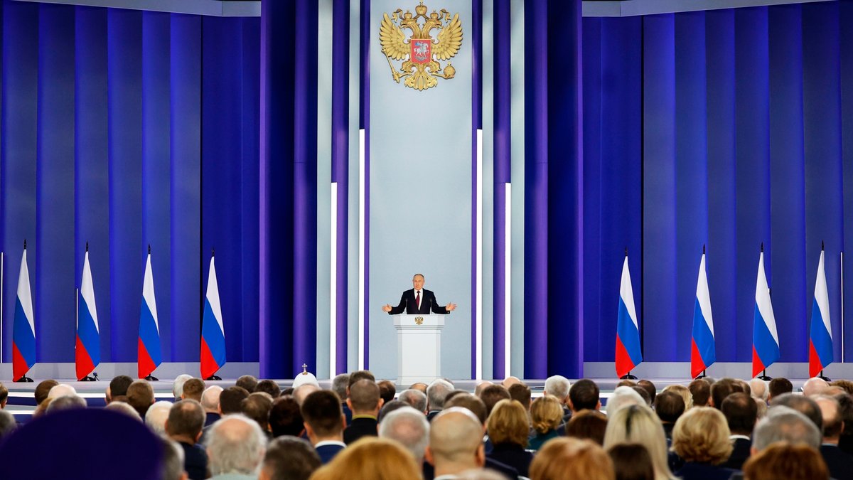 Wladimir Putin bei seiner Rede zur Lage der Nation am 21. Februar 2023.