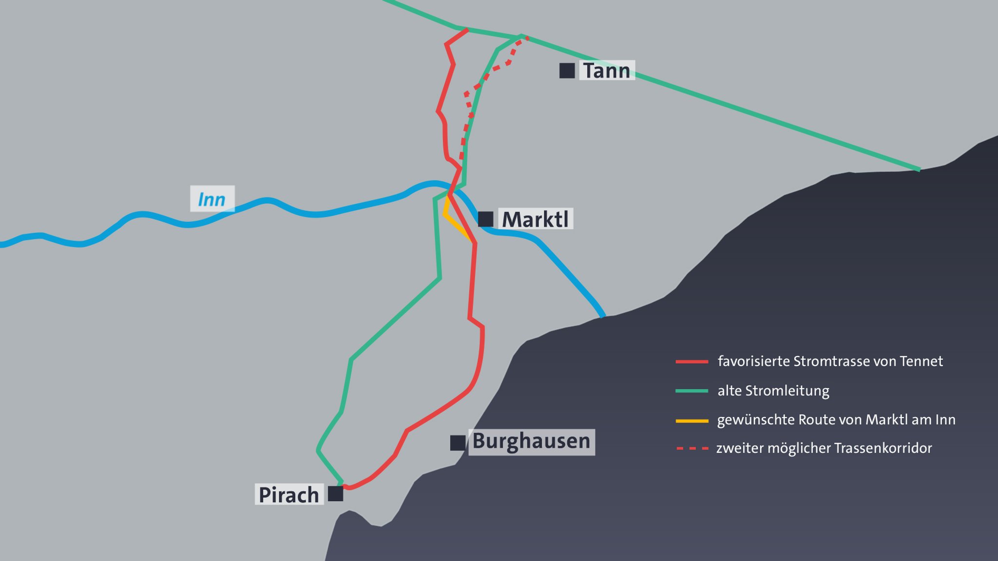 Die Suche nach einem geeigneten Korridor für die neue Stromtrasse läuft noch. Der Netzbetreiber favorisiert die westliche Strecke (rot).