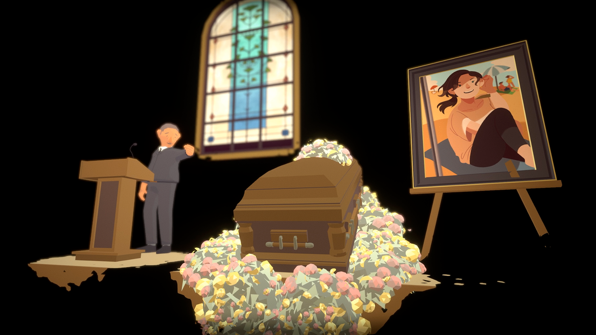 Ein aufgebahrter Sarg bei einer Beerdigung - Spielszene aus "Before Your Eyes"