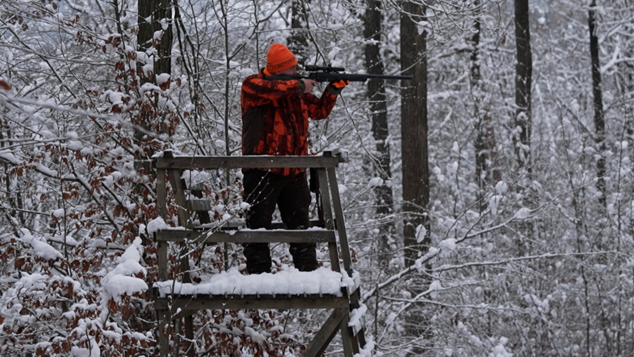 Jäger auf Hochstand mit Gewehr