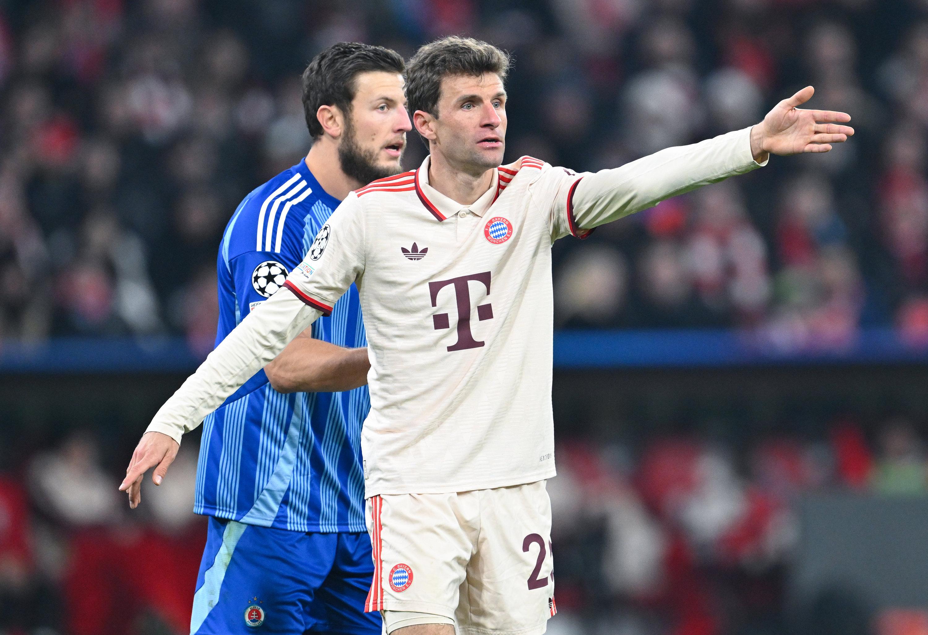 29.01.2025, Bayern, München: Fußball: Champions League, Bayern München - Slovan Bratislava, Vorrunde, 8. Spieltag in der Allianz Arena. Thomas Müller von München gestikuliert. Foto: Sven Hoppe/dpa +++ dpa-Bildfunk +++