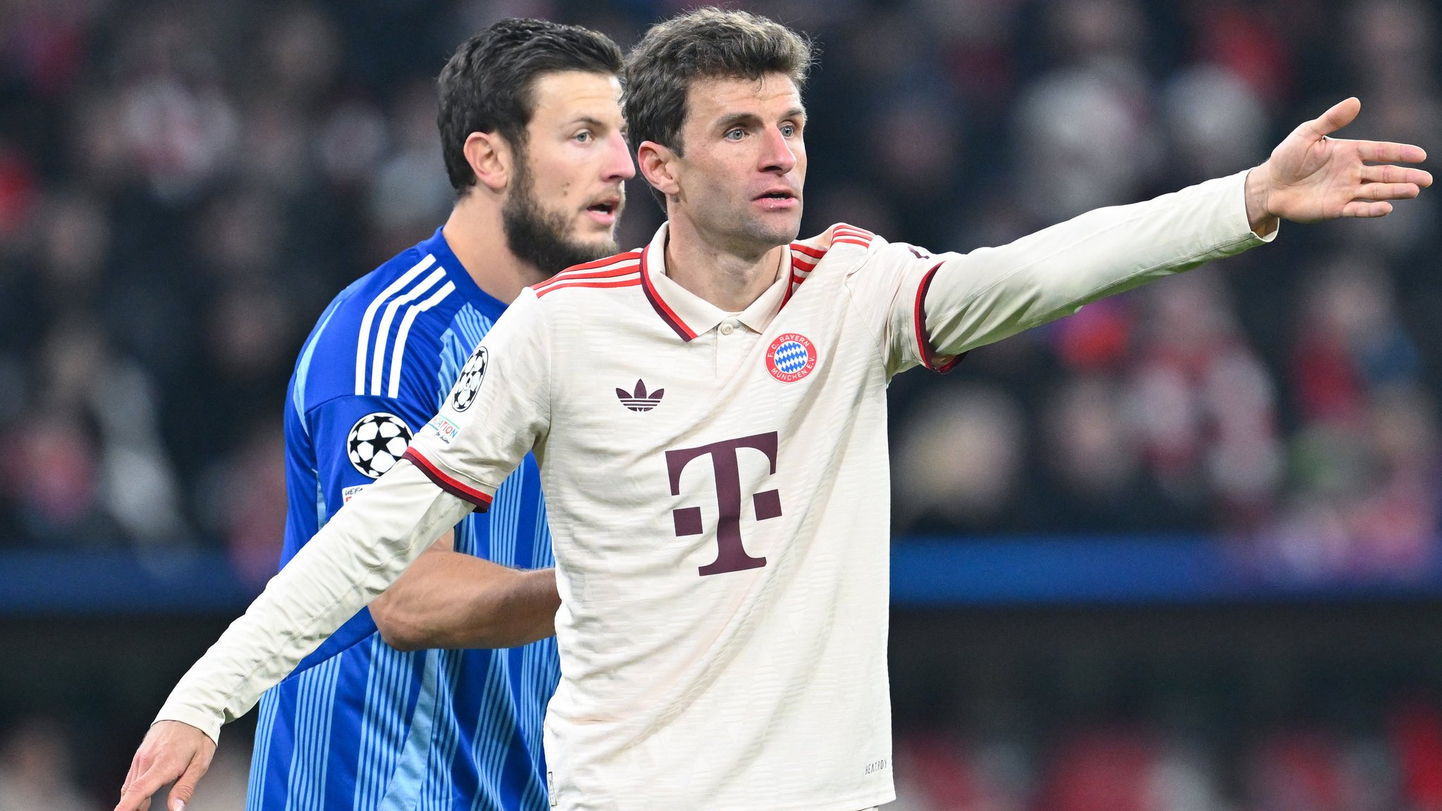 29.01.2025, Bayern, München: Fußball: Champions League, Bayern München - Slovan Bratislava, Vorrunde, 8. Spieltag in der Allianz Arena. Thomas Müller von München gestikuliert. Foto: Sven Hoppe/dpa +++ dpa-Bildfunk +++