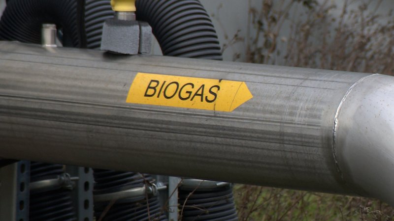 Eine Rohr-Leitung mit der Aufschrift "Biogas".