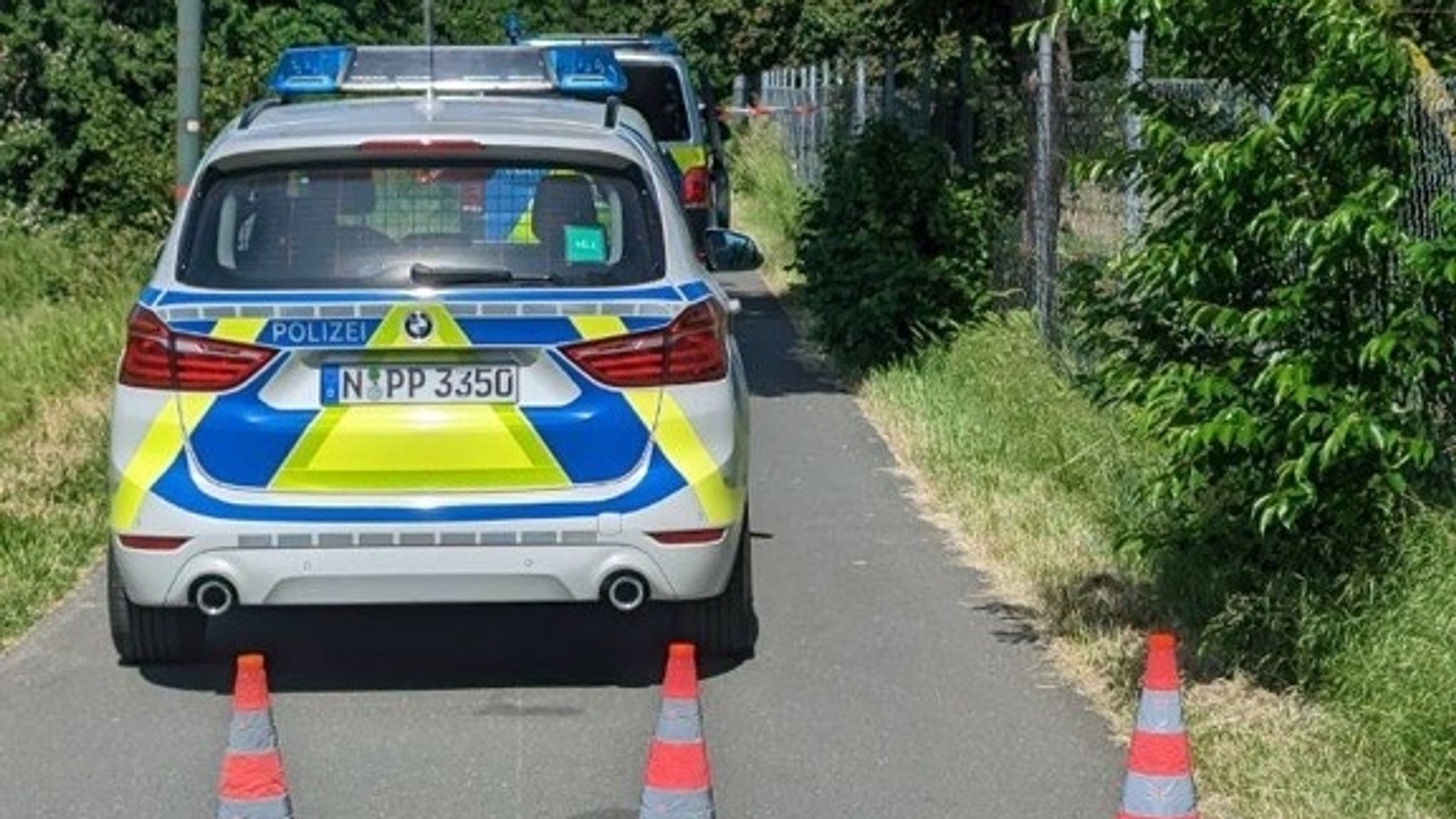 Polizeieinsatzfahrzeuge am Fundort der Leiche im Pegnitzgrund.