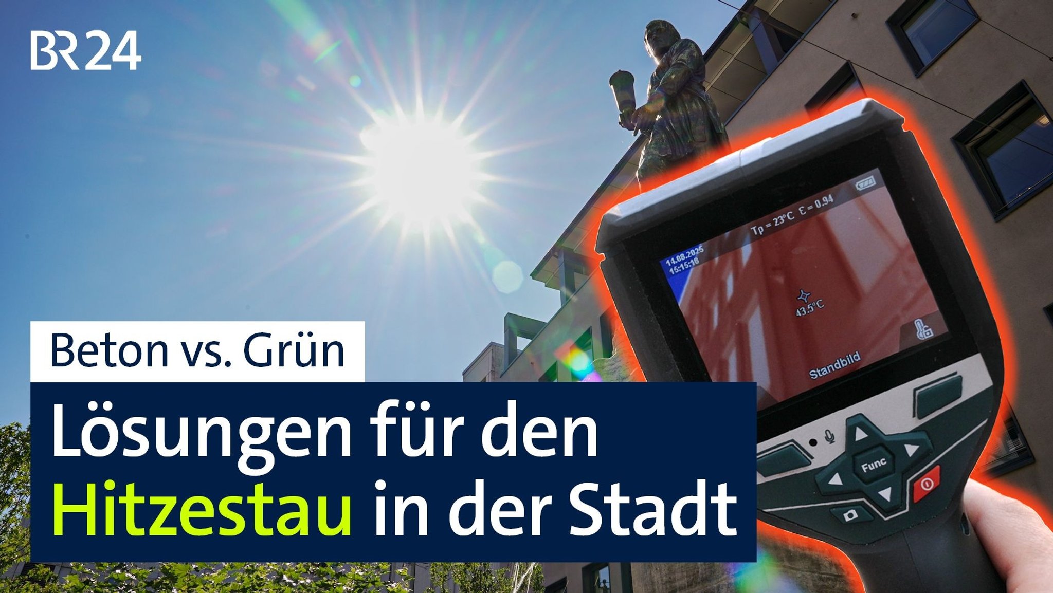 Bildcollage: Blick auf die strahlende Sonne über Hausdächern, im Vordergrund ein Hitze-Messgerät, das über 40 Grad anzeigt.