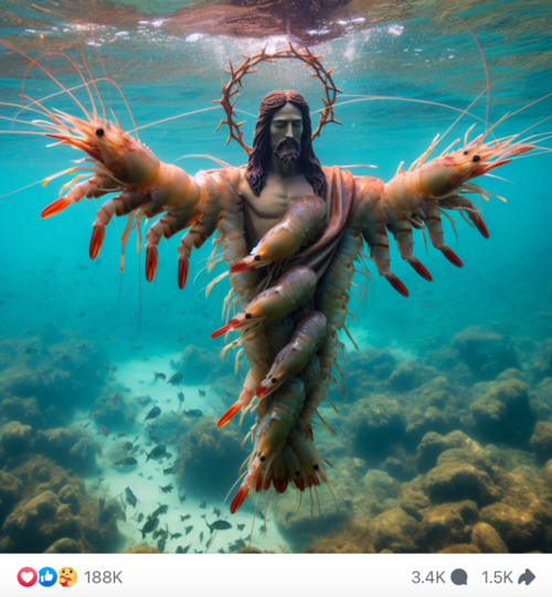 KI-generiertes Bild, das eine Jesus-Figur mit dem Körper mehrerer Krustentiere vereint.