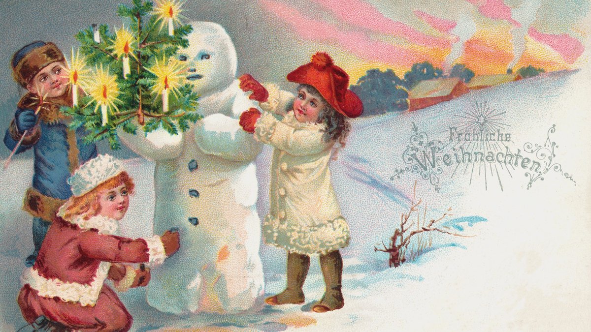 Weihnachtspostkarte von 1901 mit Kindern, einem Schneemann und Weihnachtsbaum